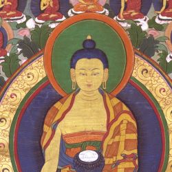 Thangka du Bouddha Shakyamuni entouré de bodhisattvas sur fond de lotus, cycle d'étude Voie Universelle à Nigu Karma Ling