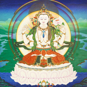 Thangka de Chenrézi, bodhisattva de la compassion, tenant un mala et une fleur de lotus, auréole lumineuse