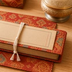 Livre tibétain relié à couverture brocart rouge, symbolisant l'étude du Bodhisattvacharyavatara de Shantideva