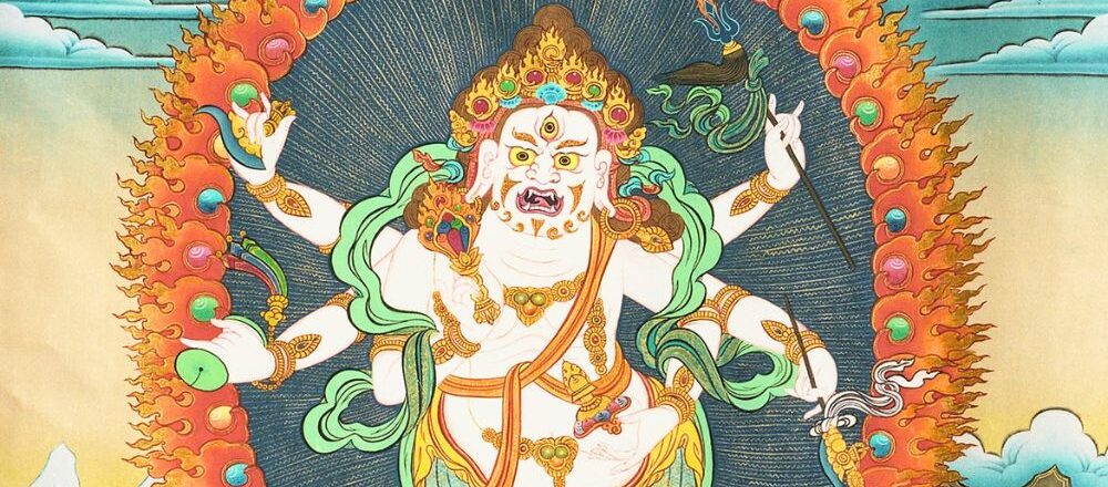 Thangka du Protecteur de Gnose Blanc à six bras (Gönkar), entouré d'une auréole de flammes
