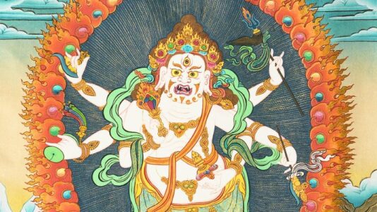 Thangka du Protecteur de Gnose Blanc à six bras (Gönkar), entouré d'une auréole de flammes