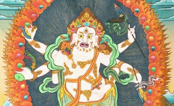 Thangka du Protecteur de Gnose Blanc à six bras (Gönkar), entouré d'une auréole de flammes